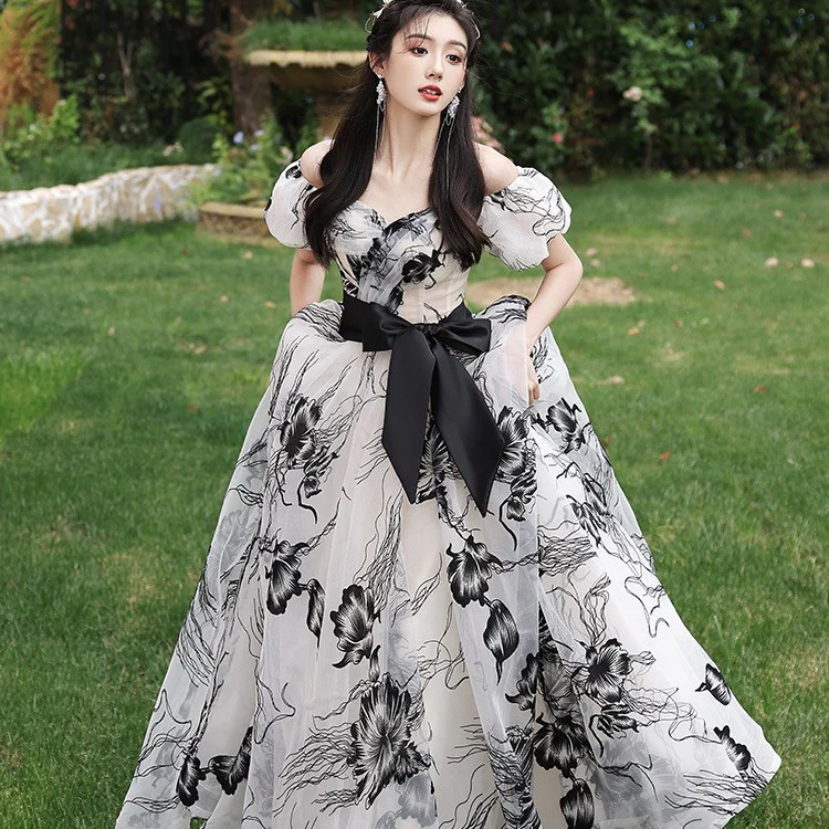 2025 One-word shoulder banquet evening dress 2025 spring new ink painting classical dress lawn sisters party dress - Deanwangkt