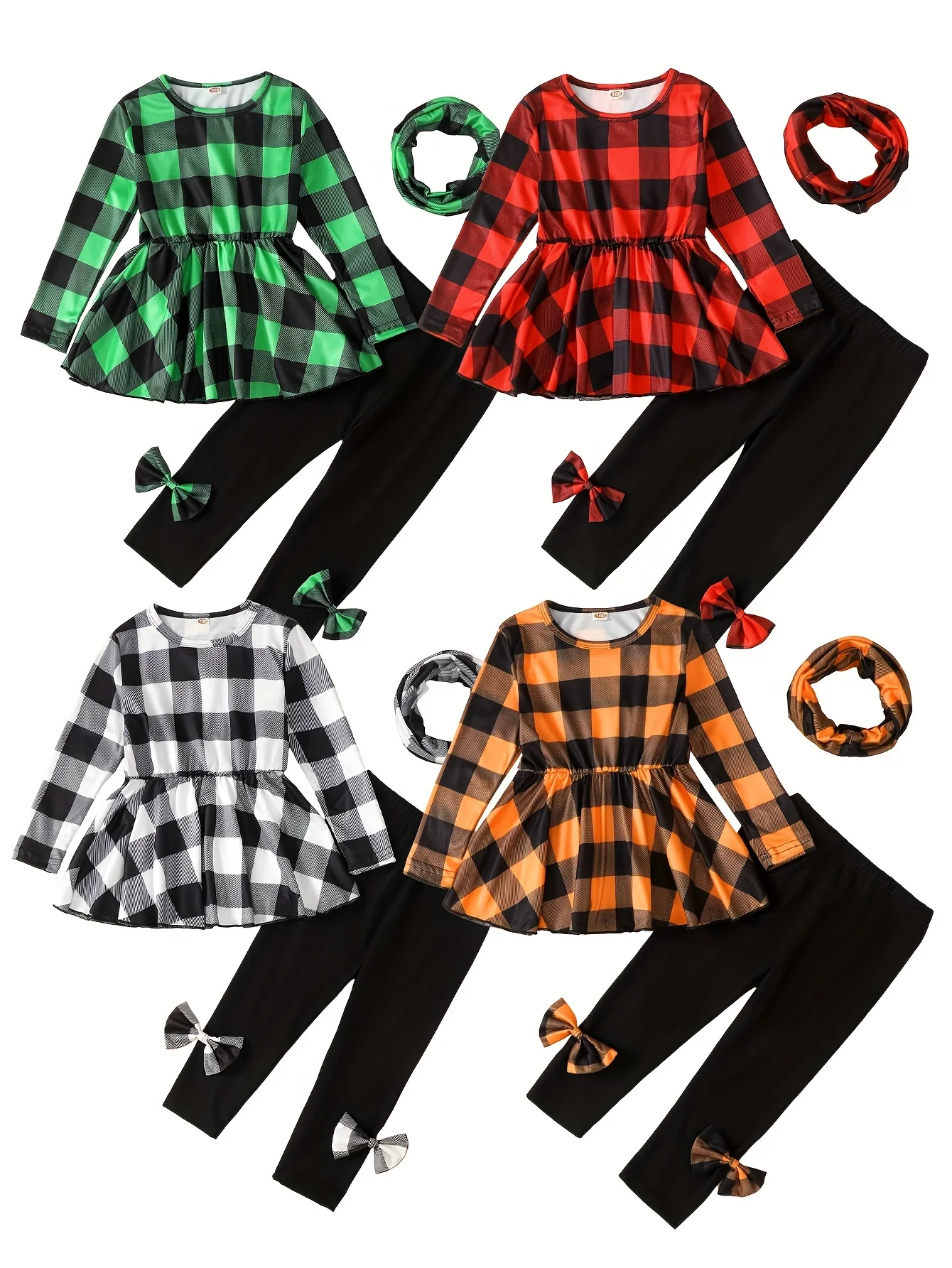 Girls' Christmas Outfits 3pcs, Plaid Top & Bow Pants & Plaid Scarf Set, Autumn outdoor Clothes Christmas - Deanwangkt
