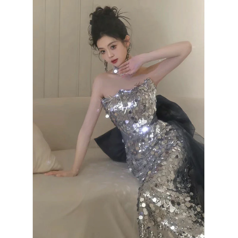 2025 Fishtail banquet evening dress 2025 spring new tube top sequins fishtail fairy temperament fishtail skirt manufacturer supply - Deanwangkt