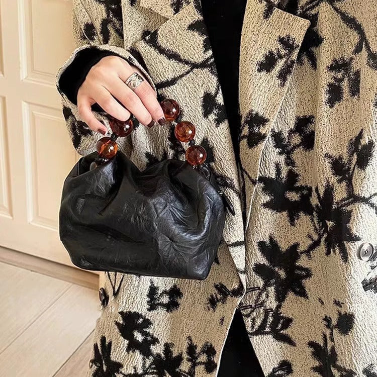 DEANWANGKT 2025 Handbag bag women's new high-end hand scratch commuter bag new Chinese black beaded shoulder messenger women's bag - Deanwangkt