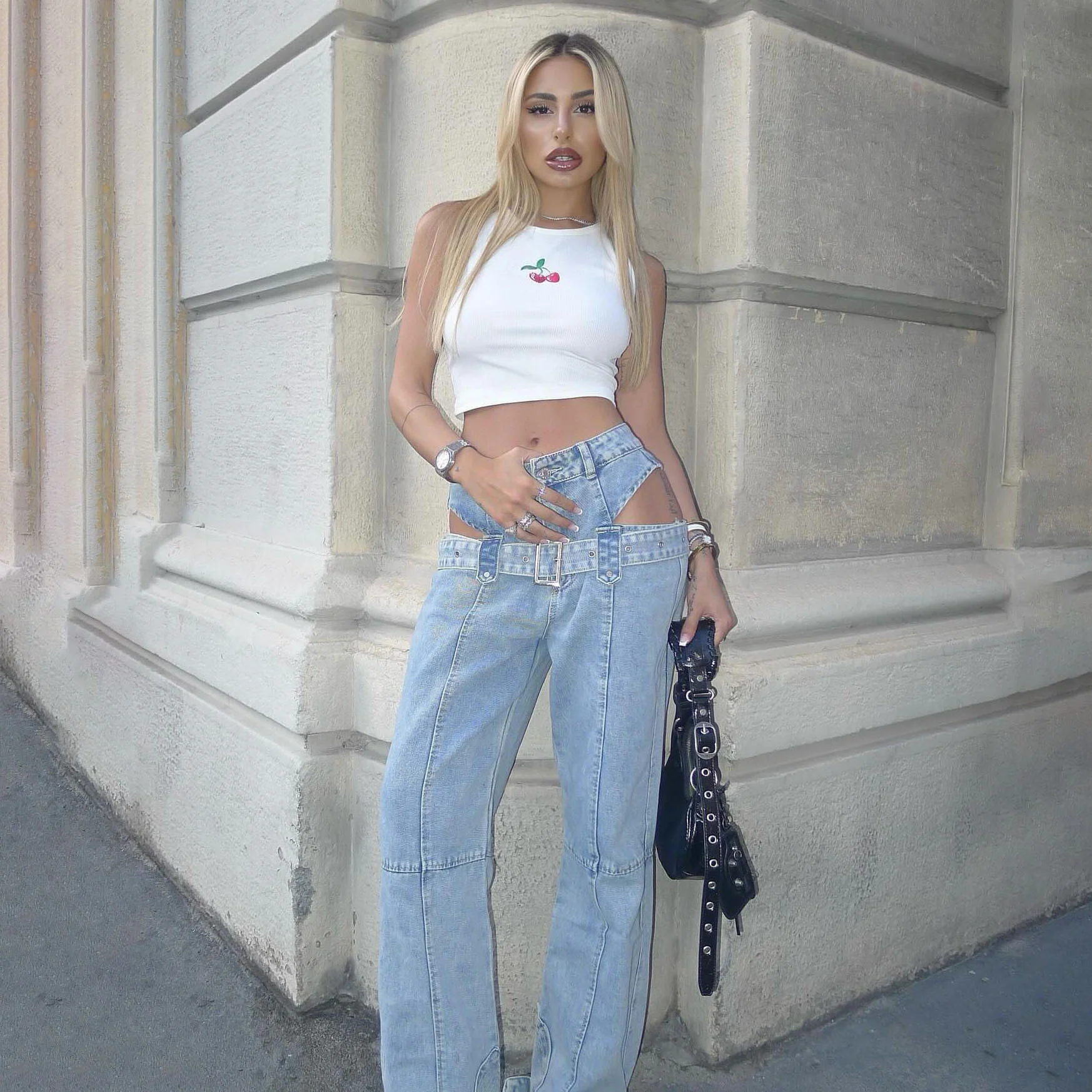 new niche double-waist metal buckle hollow jeans, old design sense straight tube high-waisted pants women's trendy brand - Deanwangkt