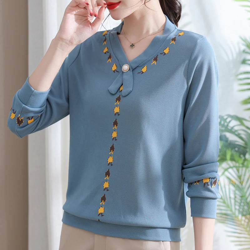DEANWANGKT  Mom Spring Wear Underwear Long-Sleeved T-shirt  New Middle-Aged and Elderly Women's Clothing Spring and Autumn Western Style Knitted Small Shirt Top - Deanwangkt