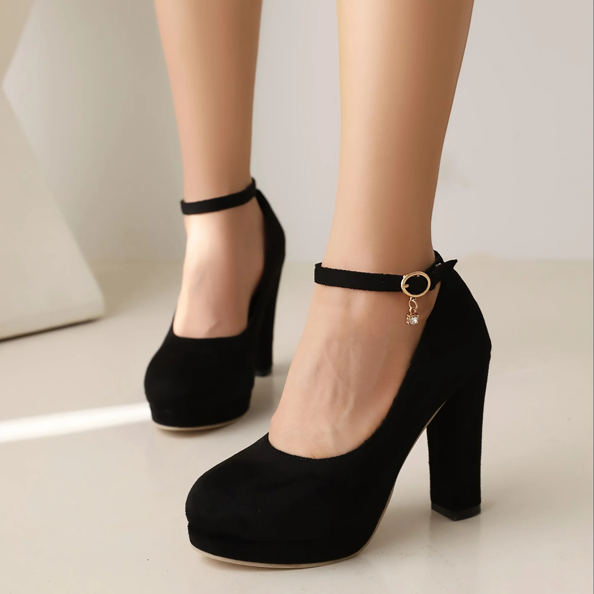 deanwangkt  Women's Platform Dress Pumps, Elegant Black Ankle Strap Block High Heels, All-Match Evening Shoes - Deanwangkt
