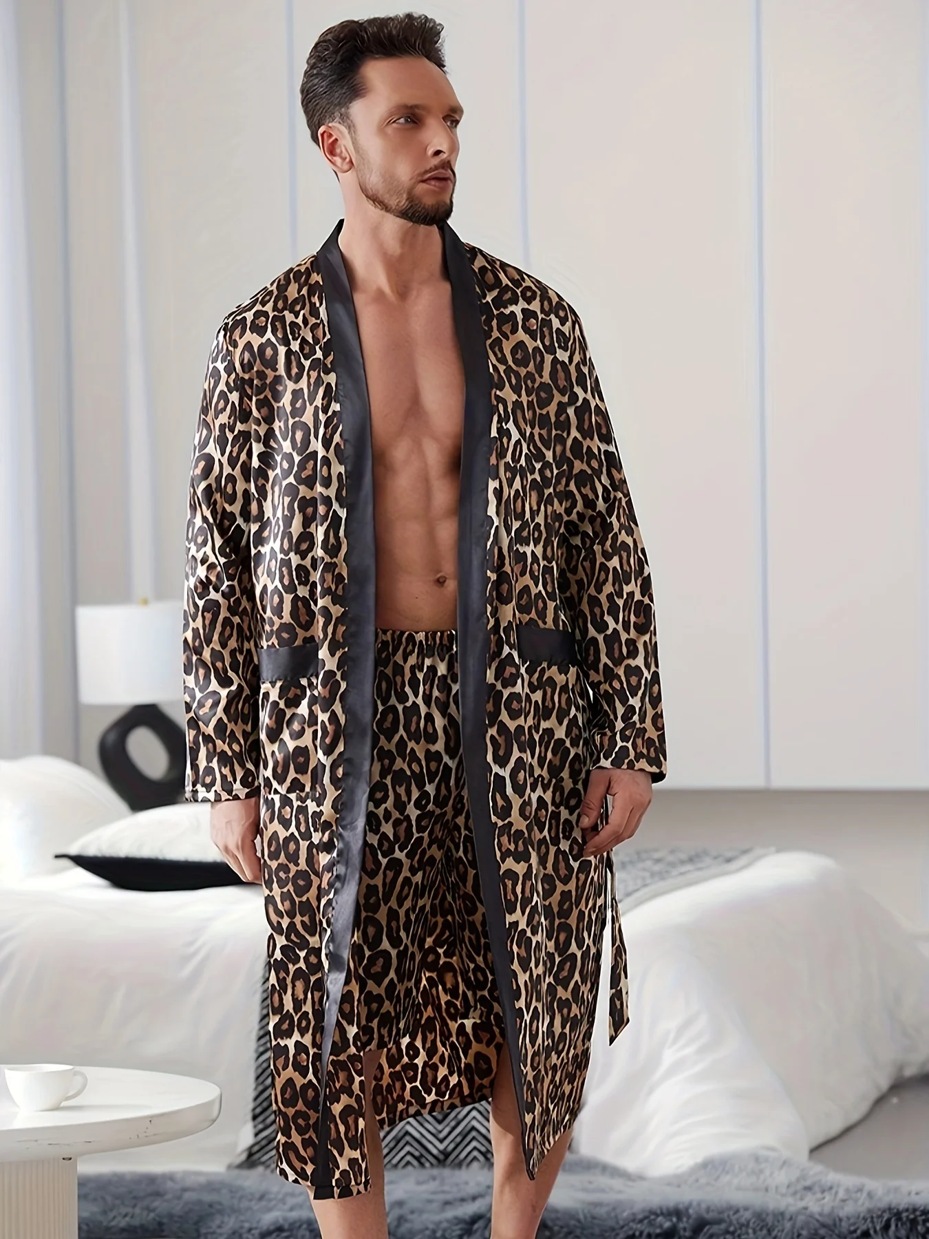 Mens Soft Leopard Pajama Set - Ultra-Soft and Gentle Fabric, Vibrant Premium Print Design, Cozy Sleep Robe and Matching Short - Latest Fashion Trend for Mens Comfort and Style - Deanwangkt