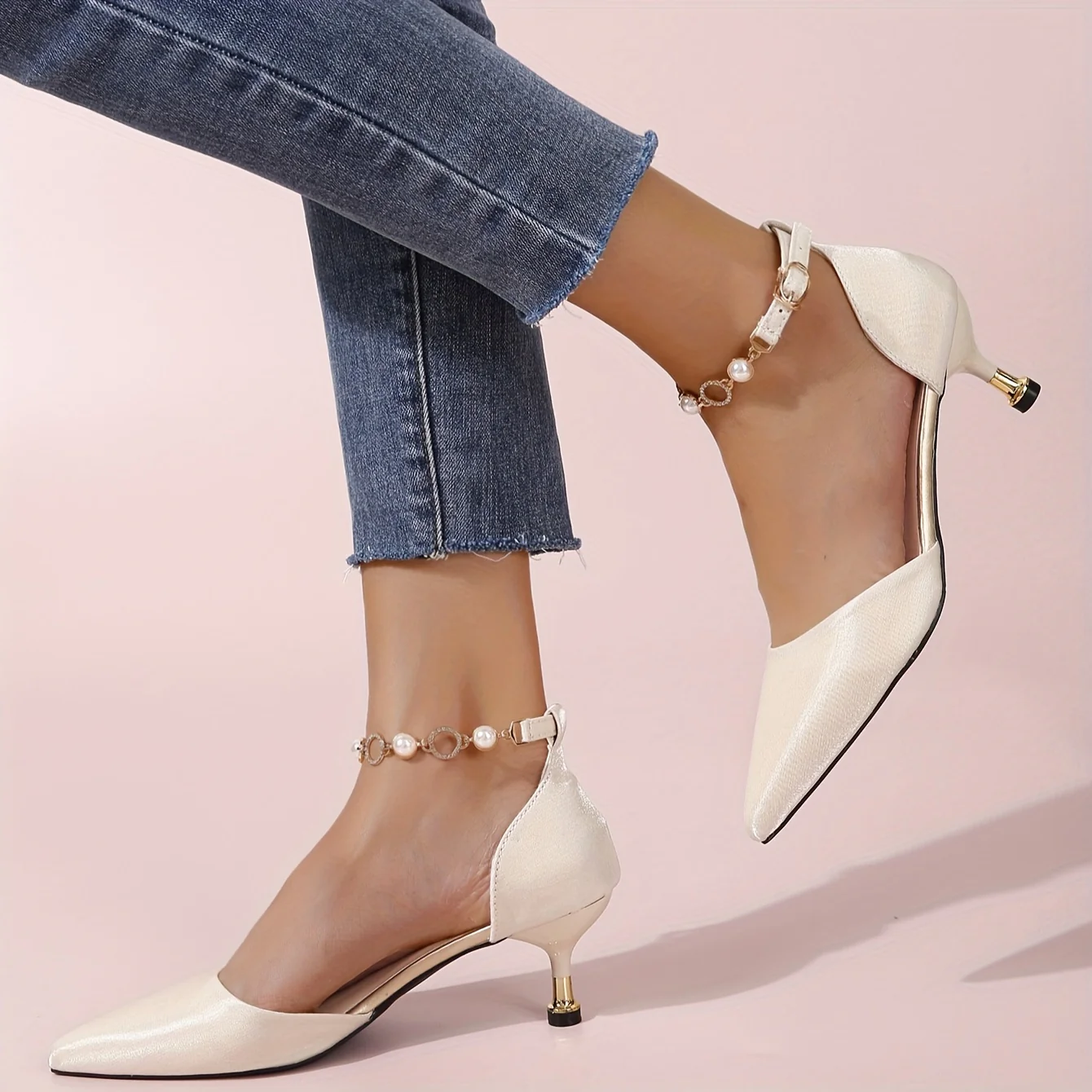 deanwangkt  Women's D'Orsay Mid Heels, Pointed Toe Faux Pearl Ankle Strap Sandals, Elegant Evening Dress Shoes - Deanwangkt