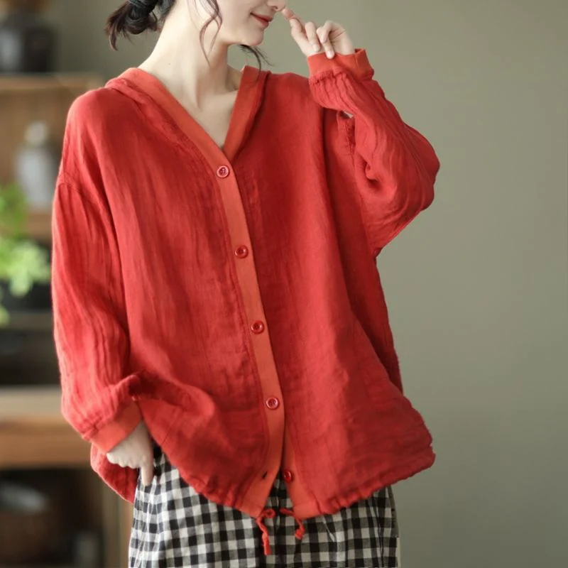 Literary retro cotton and linen hooded jacket women's summer loose casual thin sunscreen shirt versatile long-sleeved cardigan top - Deanwangkt