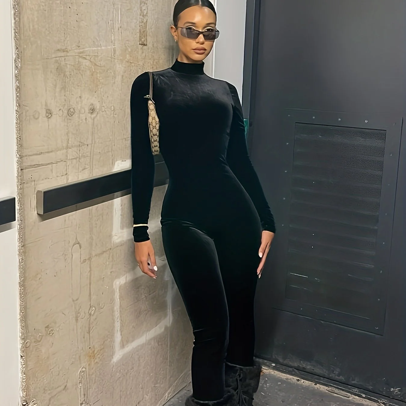 deanwangkt Solid Color Mock Neck Sports Jumpsuits,Long Sleeve Bodycon Yoga Jumpsuit,Women's Activewear - Deanwangkt