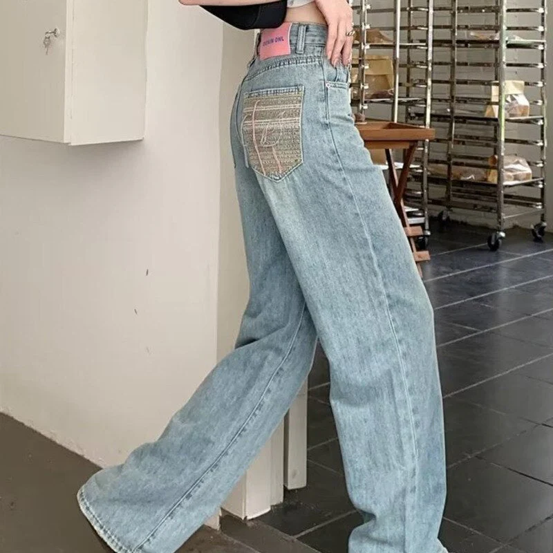 deanwangkt Baby Blue Loose Straight Jeans Women's High Waist Thin Summer Thin Design Tassel Versatile Wide Leg Pants Trend - Deanwangkt