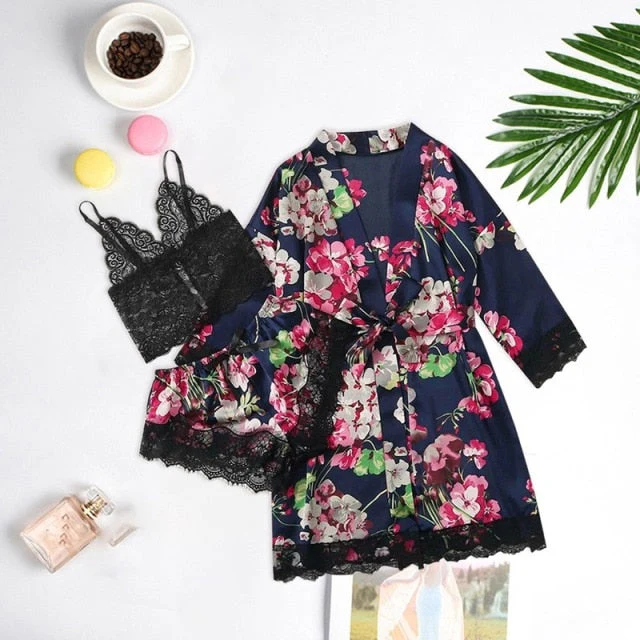 deanwangkt Long sleeve Womens Pajamas Sexy Lace Lingerie Nightwear Underwear Sleepwear 3PC Suit Pajama Sets For Women Pijama Mujer - Deanwangkt