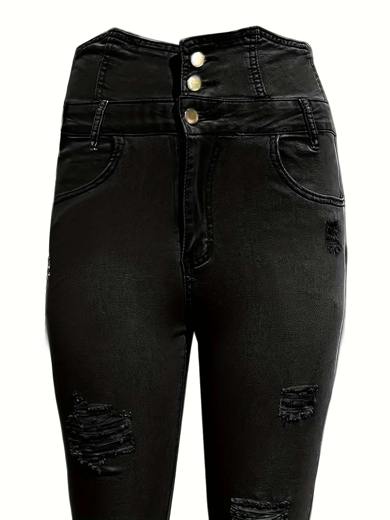 deanwangkt Ripped Holes Casual Skinny Jeans, Slash Pockets Distressed Single-Breasted Button High Waist Denim Pants, Women's Denim Jeans - Deanwangkt