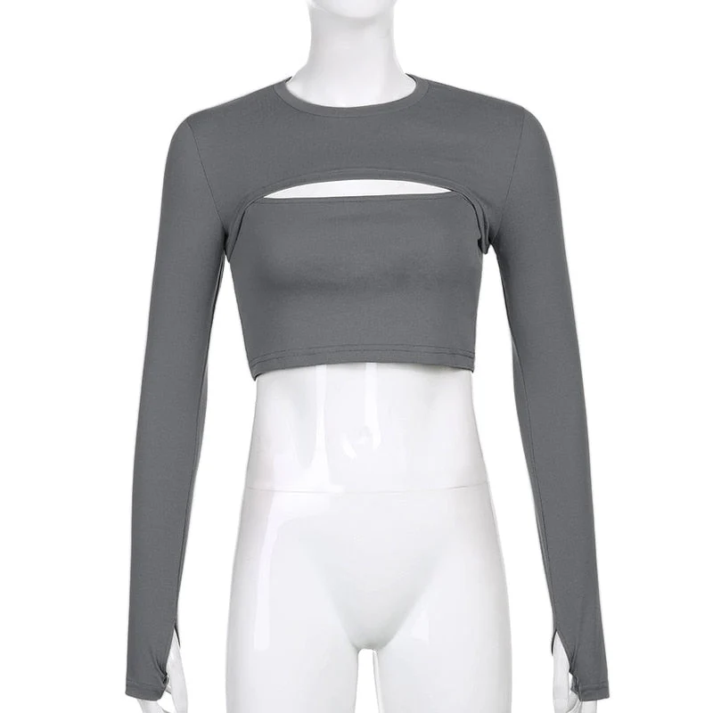 Graduation Gifts Sexy Hollow Out T Shirt and Cami Crop Top Womens Harajuku Long Sleeve Streetwear Basic Women Tight Tees 2 Piece Suit - Deanwangkt