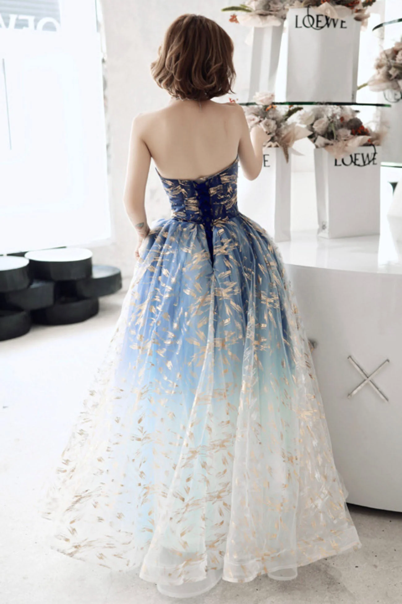solvbao Blue Tulle Gradient Long Formal Gowns, A-Line Strapless Evening Dresses - Deanwangkt