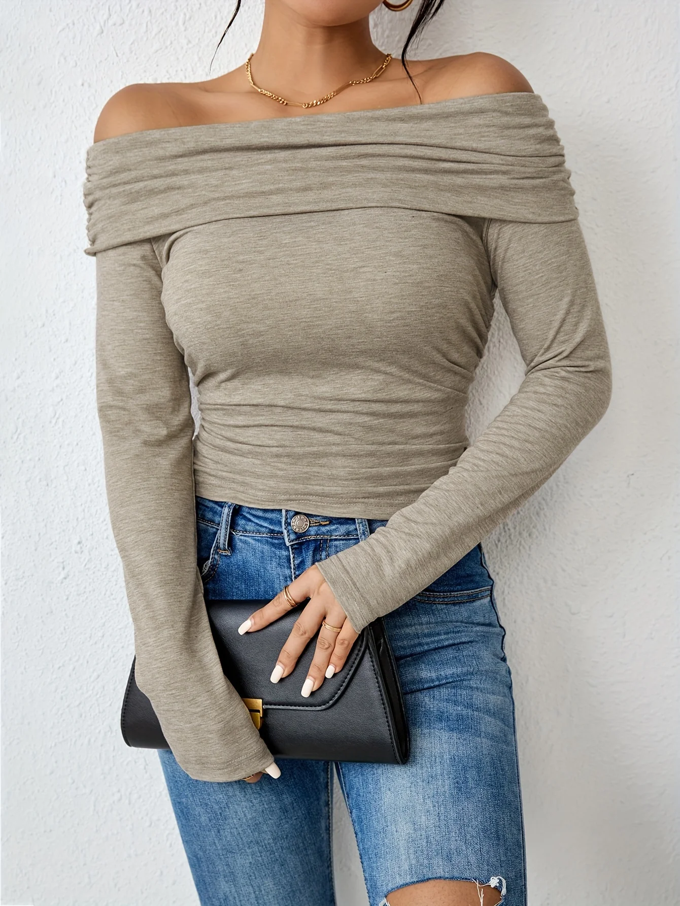 deanwangkt Off Shoulder Solid T-shirt, Elegant Slim Long Sleeve T-shirt, Women's Clothing - Deanwangkt