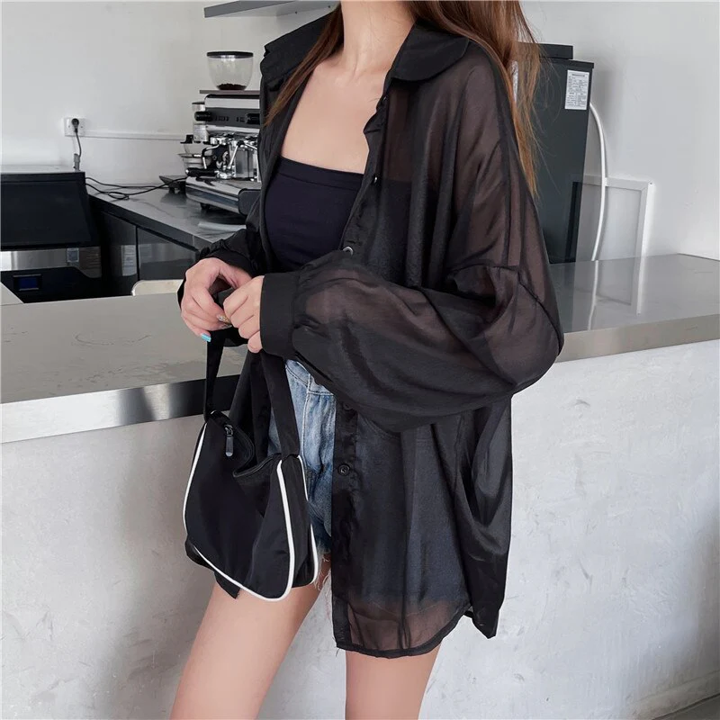 deanwangkt Fashion Women Holiday Beach Shirts See Through Chiffon Blouse Tops Sun Protection Clothes Long Sleeve Blusas New 22209 - Deanwangkt