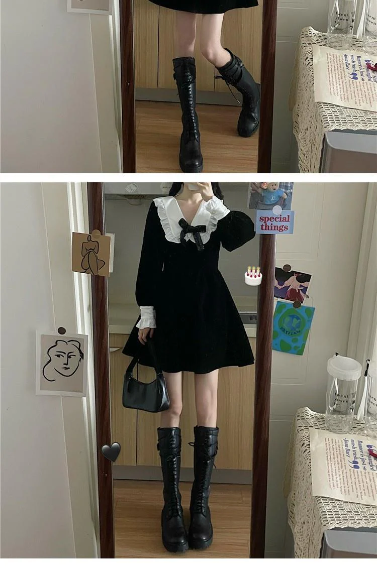 deanwangkt Kawaii Bow Dress Women Japanese Preppy Style Long Sleeve Mini Dresses Black Goth Vintage Lolita Outfits Sweet Streetwear - Deanwangkt