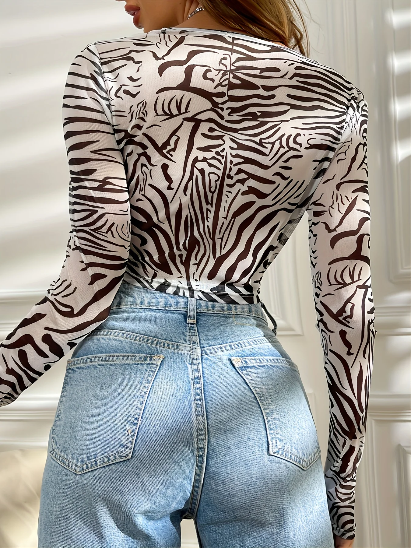 deanwangkt Zebra Print Button Front Top, Versatile Long Sleeve Slim V-neck Top For Spring & Fall, Women's Clothing - Deanwangkt