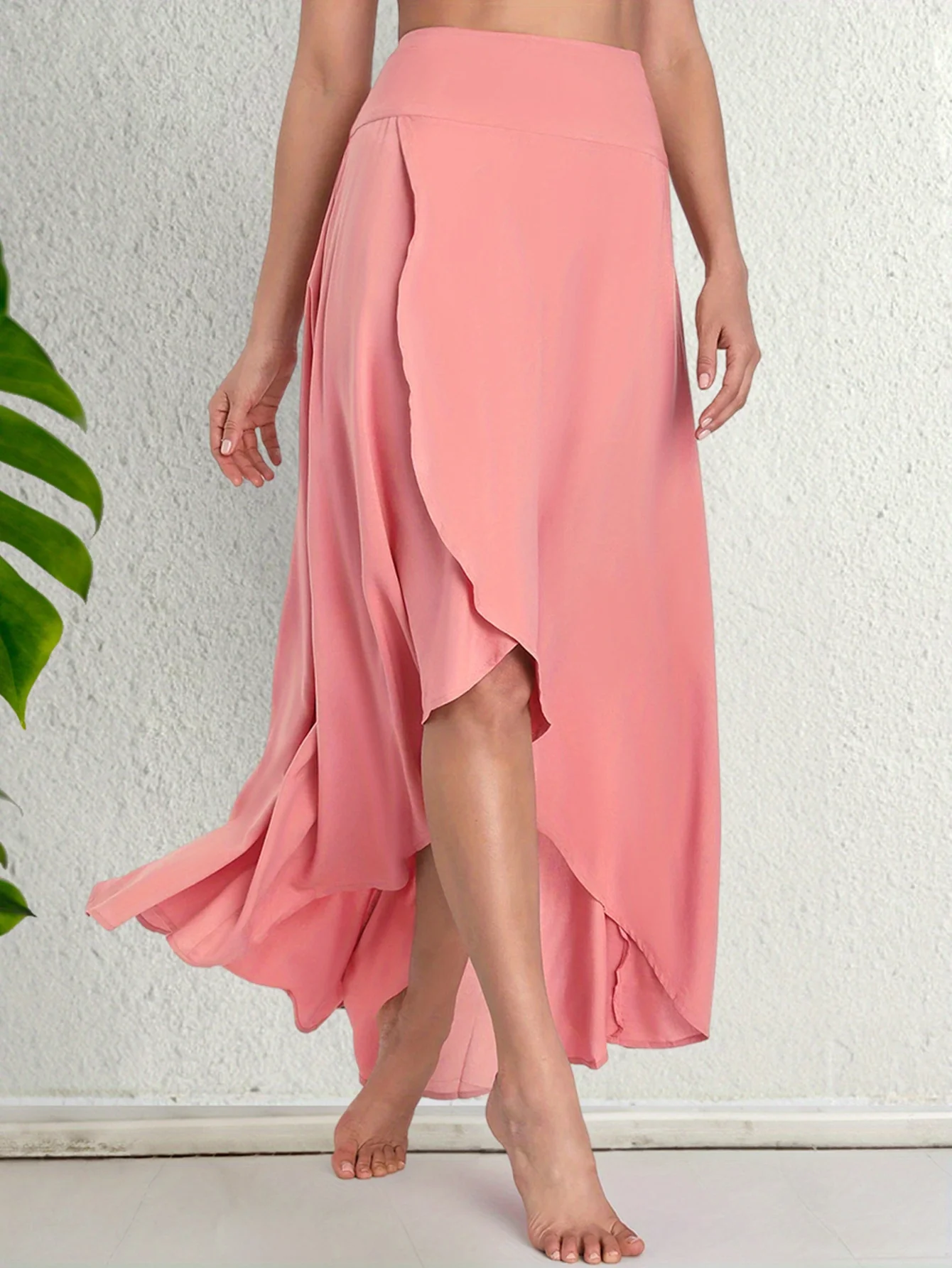 deanwangkt Solid Print High & Low Cover Up Skirt, Chiffon Elegant Wrap Skirt, Women's Swimwear & Clothing - Deanwangkt