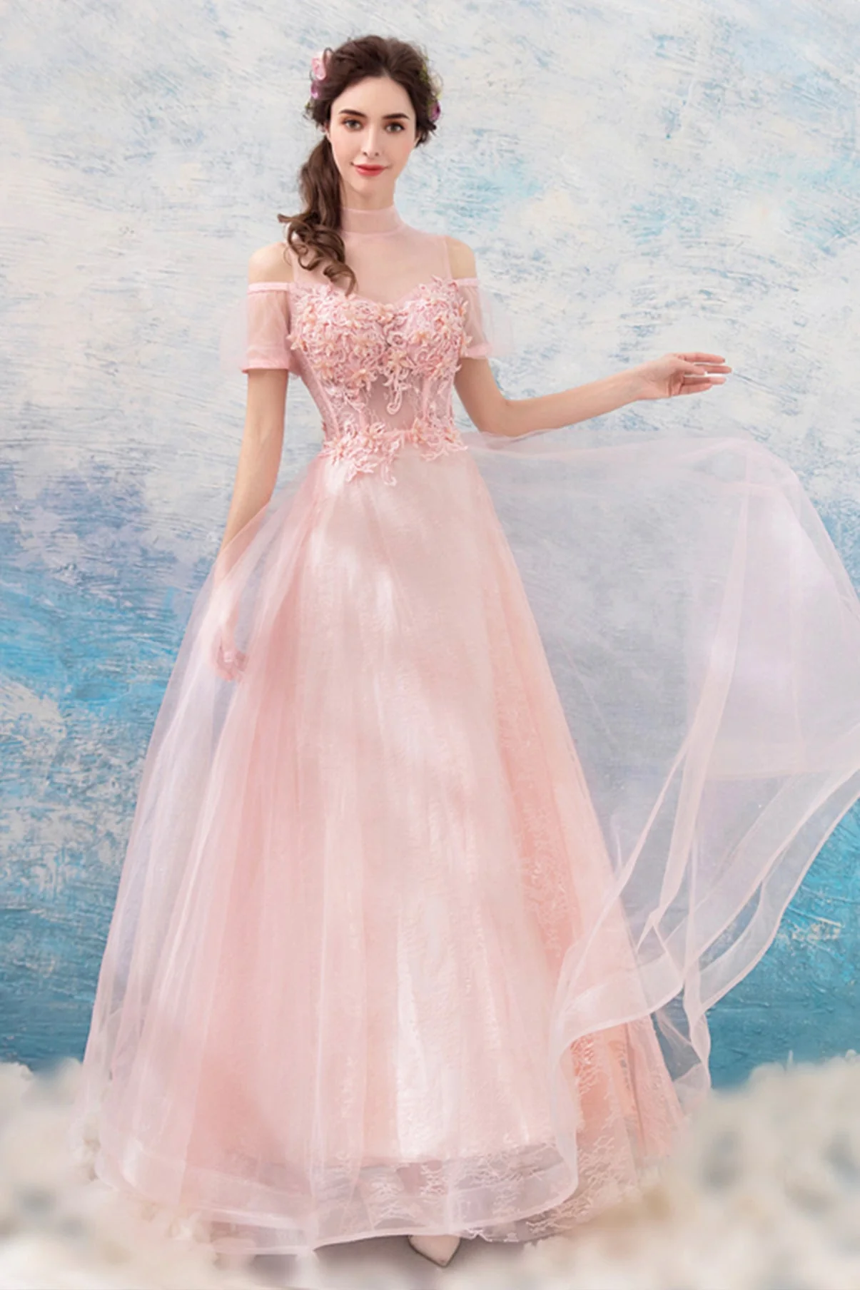 solvbao Pink Lace Long A-Line Prom Dresses, Lovely Pink Evening Dresses - Deanwangkt