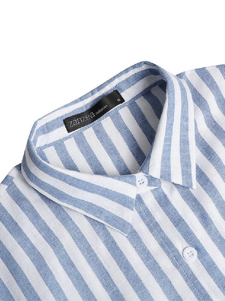 deanwangkt Women 100% Cotton Classical Striped Print Lapel Button Front Lace-Up Casual Shirt Dress - Deanwangkt