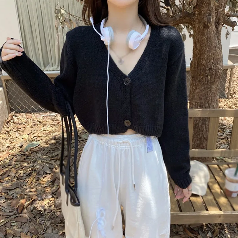 deanwangkt Y2k Women Cardigan Sweater Knitted Cropped Korean Short Long sleeve Crop Top V neck Fashion Clothe - Deanwangkt