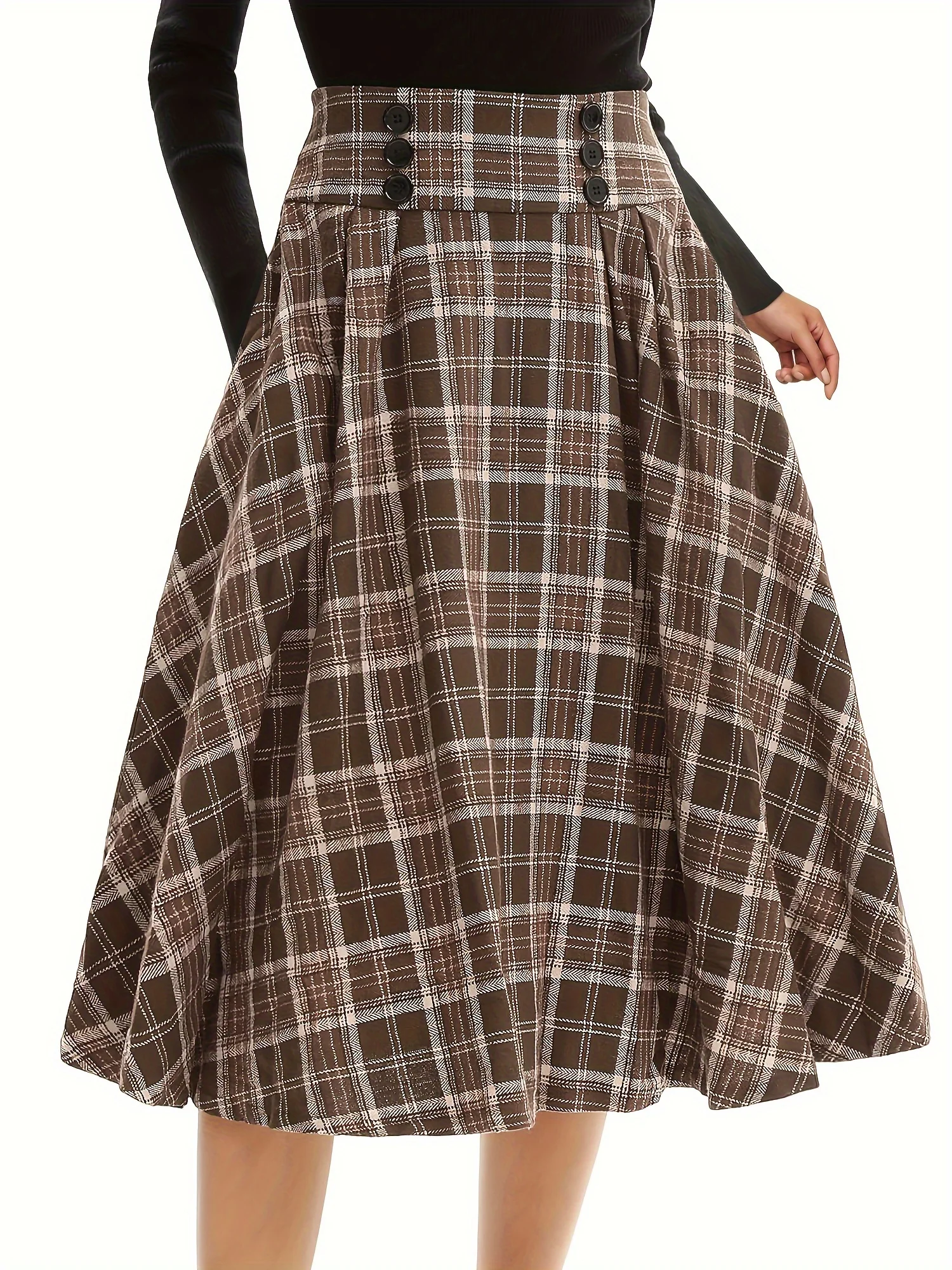 deanwangkt-1 Plaid Print High Waist Button Skirt, Elegant A Line Flare Midi Skirt, Women's Clothing - Deanwangkt