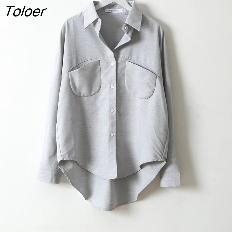 deanwangkt Spring Turn-down Collar Solid Women Shirt Oversized Long Sleeve Women Blouses Casual Pockets Female Shirts Tops Blusas 6658 - Deanwangkt