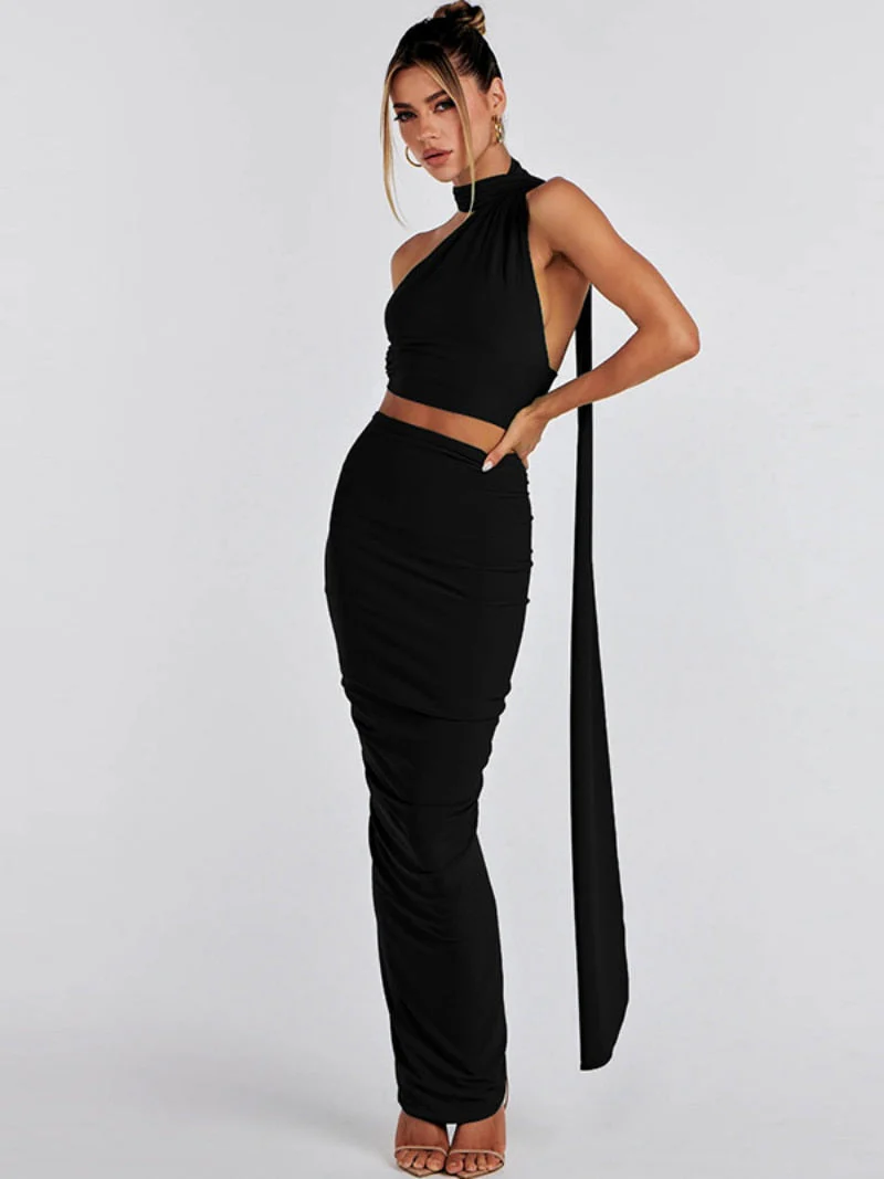 BACK TO COLLEGE  Elegant Women's Summer Two-piece Set Fashion Bandage Halter Crop Top High Waist Bodycon Skirts Evening Party Black Dress - Deanwangkt