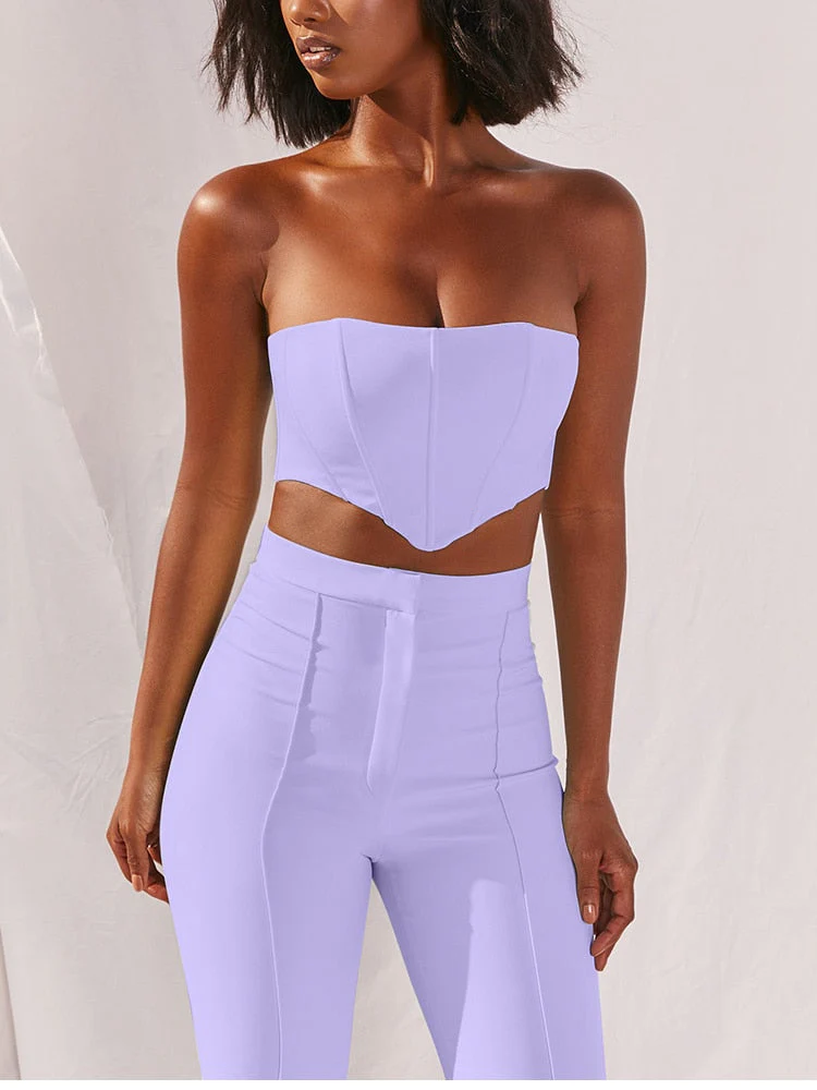deanwangkt  Boned Corset Crop Top Two Piece Pants Set Women Strapless High Waist Flare Trousers 2 Piece Set Summer Long Suit Tracksuit - Deanwangkt