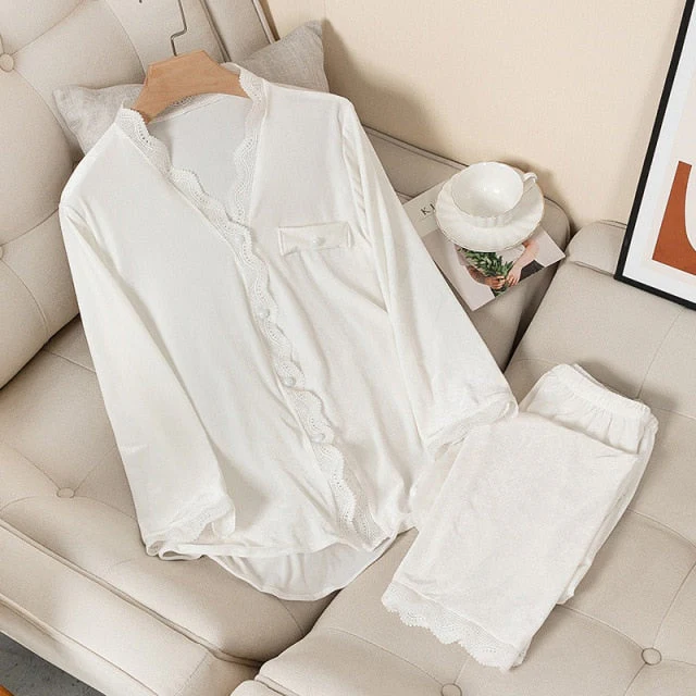 deanwangkt Velvet Pajamas Women Autumn Winter Sleepwear Long Sleeve Casual Nightwear Pyjamas Suit Loose Home Clothes Lace Trim Sleep Set - Deanwangkt