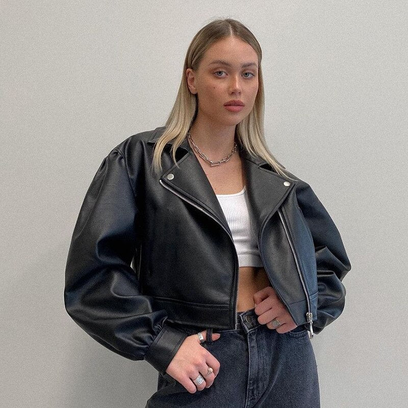 deanwangkt Y2K  Fashion PU Leather Black Jackets for Women Fall Winter Zip Up Cardigan Cropped Jackets and Coats Loose Clothes - Deanwangkt