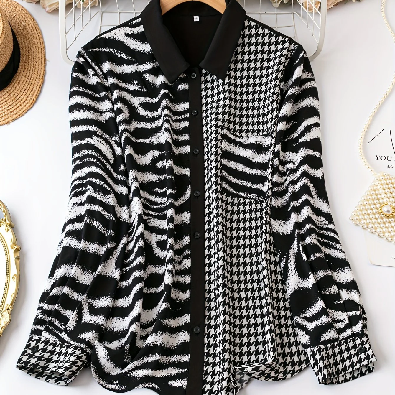 deanwangkt Plus Size Casual Blouse, Women's Plus Colorblock Stripe & Houndstooth Print Button Up Long Sleeve Turn Down Collar Blouse - Deanwangkt
