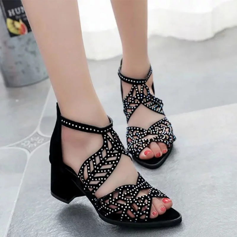 deanwangkt New Style Women Summer Rhinestone Hollow Out Faux Leather Thick Heel Zipper Sandals Shoes Sexy Plus Size Ladies Sandals - Deanwangkt