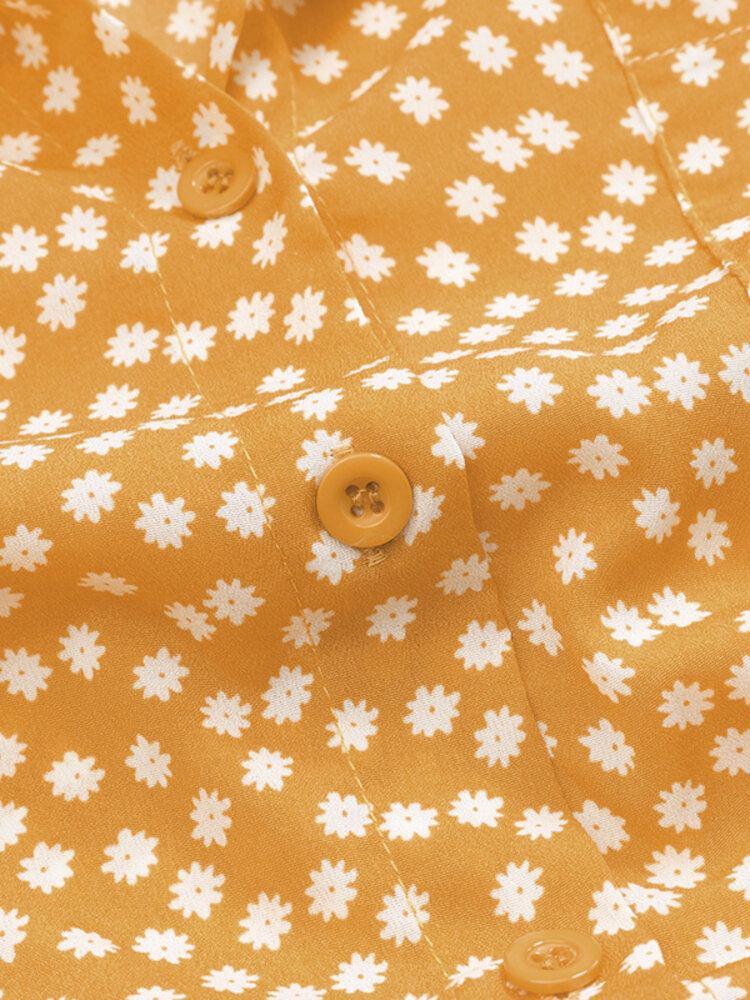 deanwangkt Women Ditsy Floral Print Button Up Long Sleeve Casual Longline Shirts - Deanwangkt