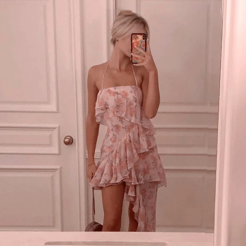 deanwangkt  Irregular Ruffled Breast Wrap Strap Dress Women's  Spring Summer Midi Flower Halterneck  Boho Dress Beach Dress Sundress  Fairy Dress - Deanwangkt