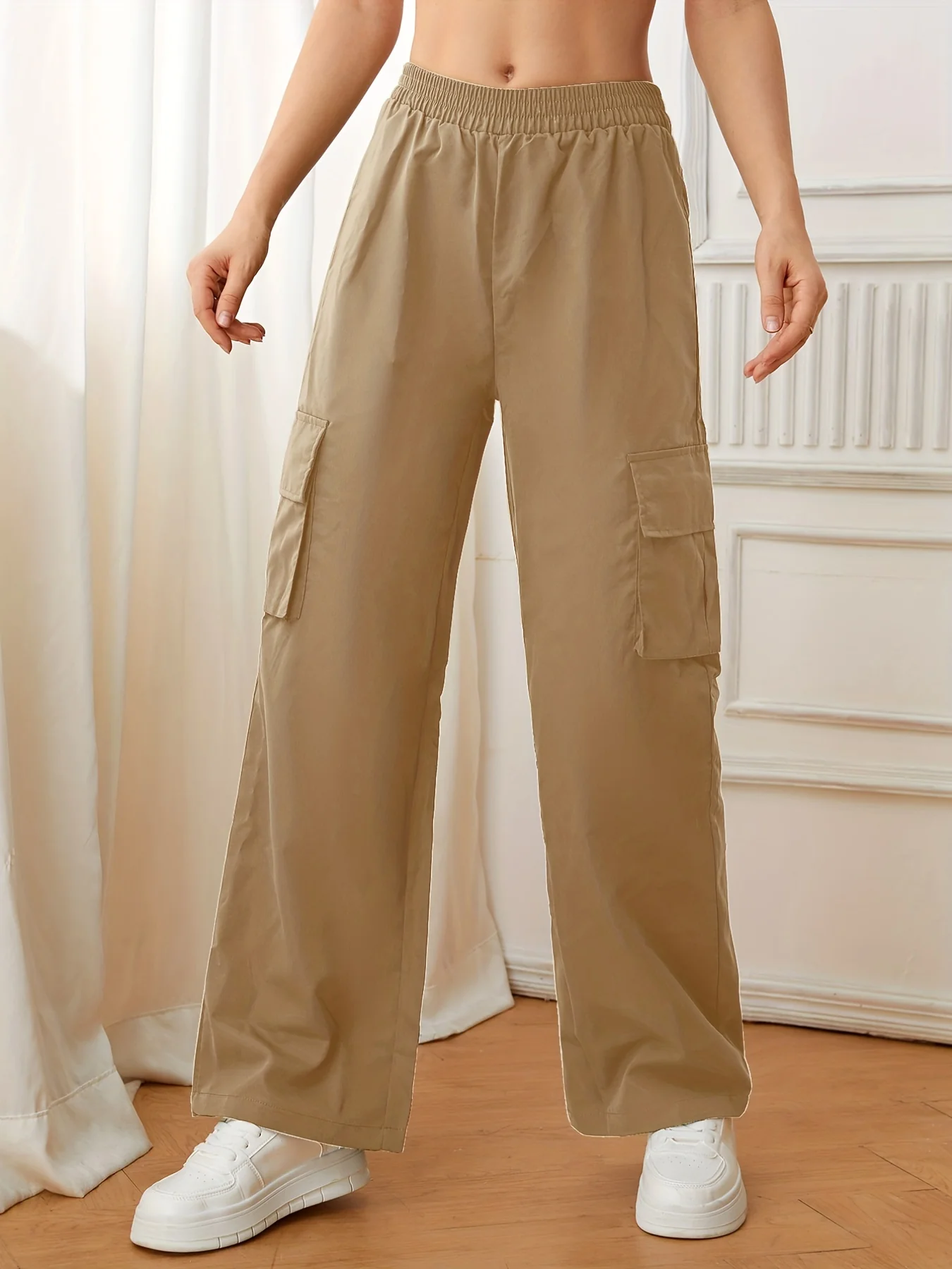 deanwangkt-1  Flap Pockets Straight Leg Cargo Pants, Casual High Waist Pants, Women's Clothing - Deanwangkt