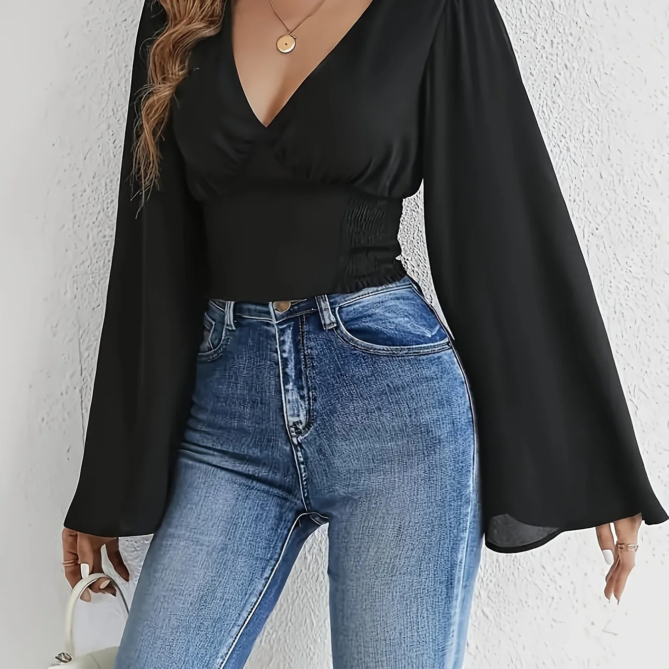 deanwangkt  Solid Color Plunge Neck Blouse, Casual Flare Sleeve Blouse For Spring & Fall, Women's Clothing - Deanwangkt