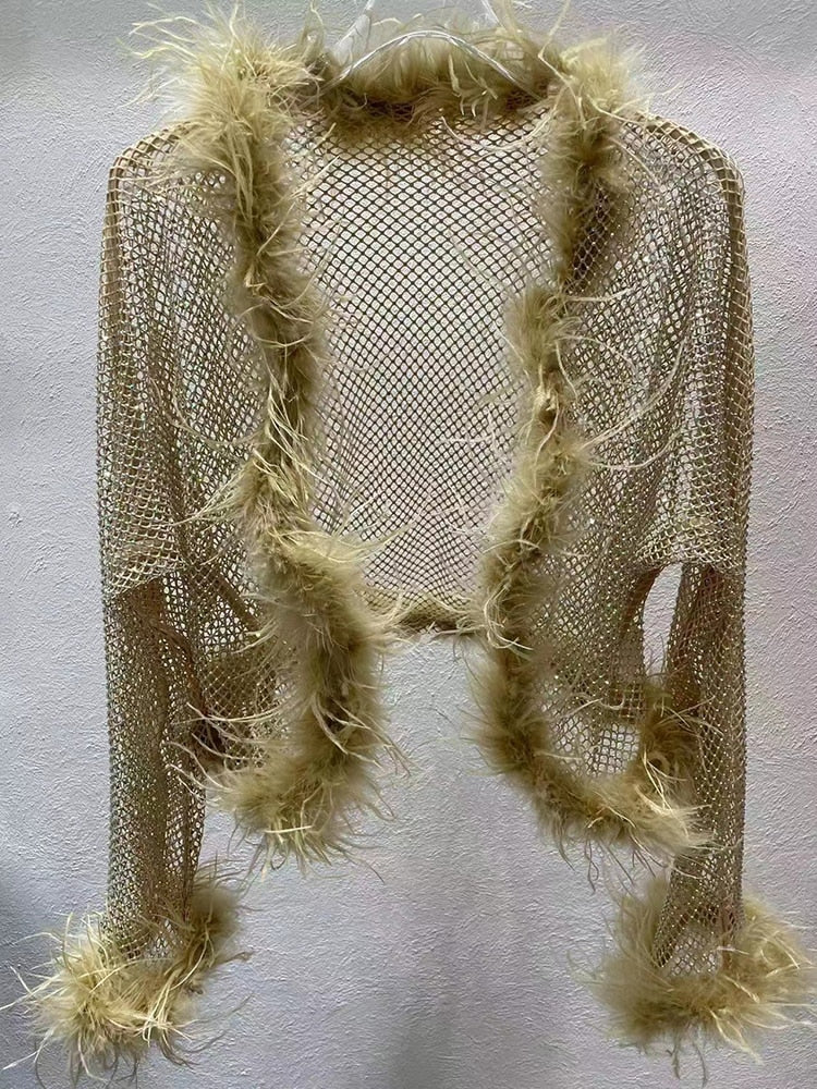 deanwangkt Sexy Diamonds Feathers Tassels Shirt For Women V Neck Long Sleeve Slim Open Stitch Blouses Female Autumn Clothing - Deanwangkt