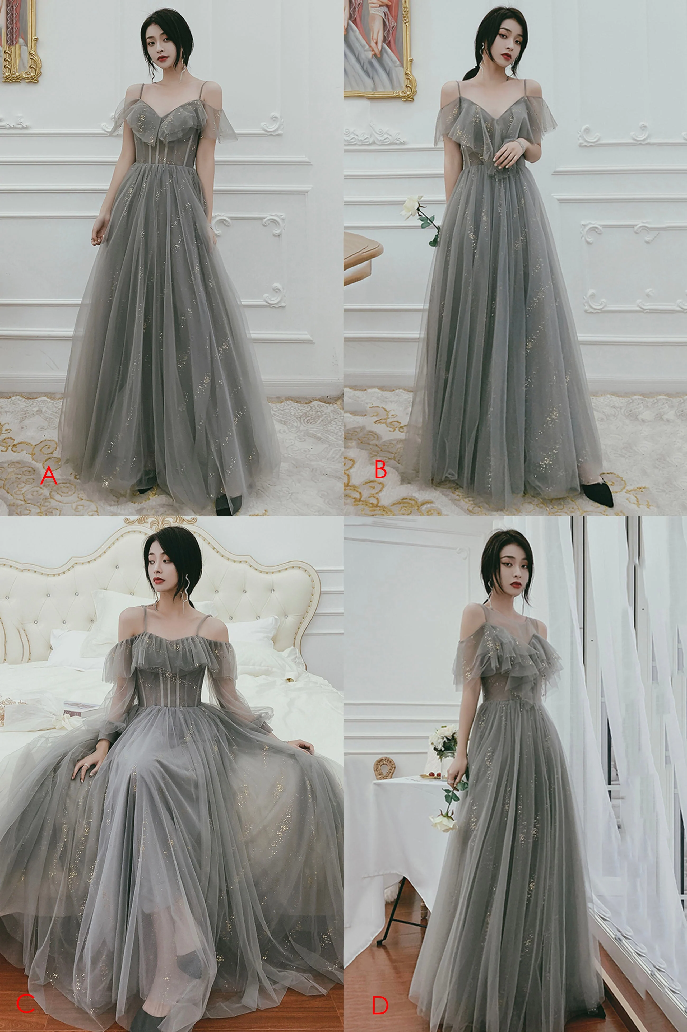 solvbao Gray Tulle Sequins Long Prom Dresses, A-Line Evening Dresses - Deanwangkt