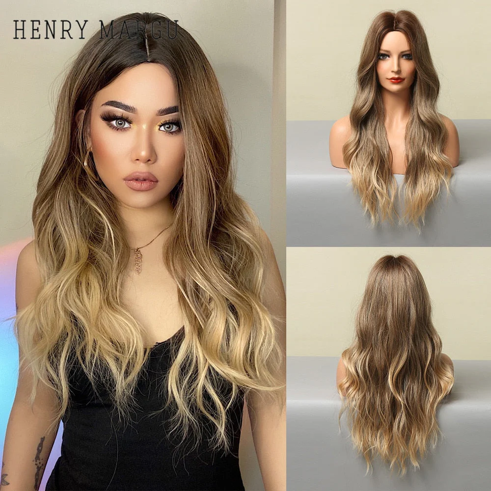 Long Ombre Brown Light Ash Platinum Blonde Wavy Wigs Cosplay Party Synthetic Wig for Women High Temperature Fibre - Deanwangkt