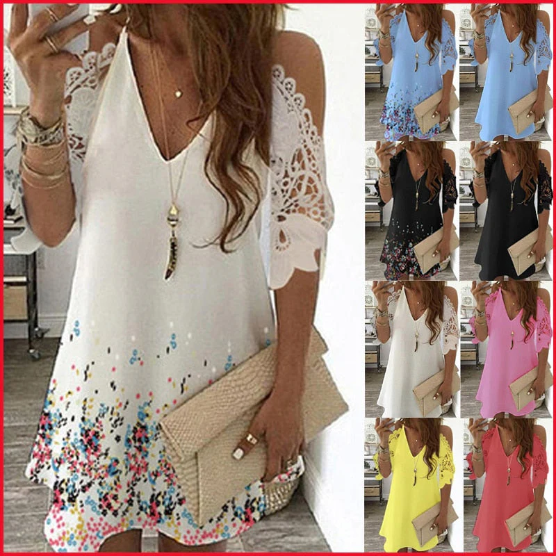 Floral Print Vintage Dresses Women's Summer Casual V-Neck Sexy Off Shoulder Lace Party Beach Mini Dress Plus Size Sundress Robe - Deanwangkt