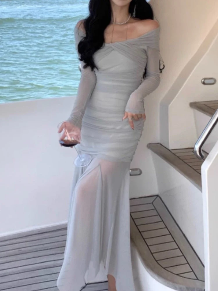 deanwangkt Elegant Mesh Long Sleeve Midi Dresses for Women  Autumn Fashion Vintage Slim Party Sexy Evening Vestidos Female Clothes Robe - Deanwangkt