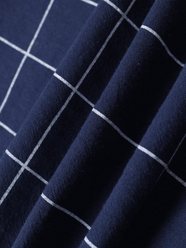 deanwangkt Women Grid Stand Collar Long Sleeve Casual Shirt Dresses With Sleeve Tabs - Deanwangkt