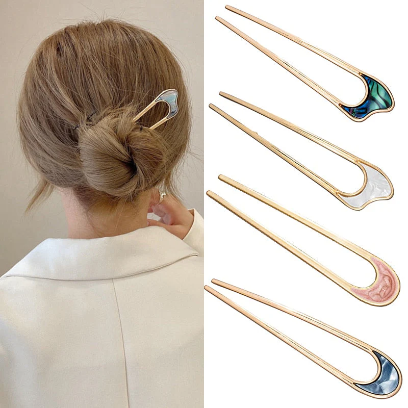 deanwangkt Fashion Hair Accessories Metal U Shape Hair Stick For Women Silver Gold Color Elegant Shell Enamel Hairpin Female Headwear New - Deanwangkt