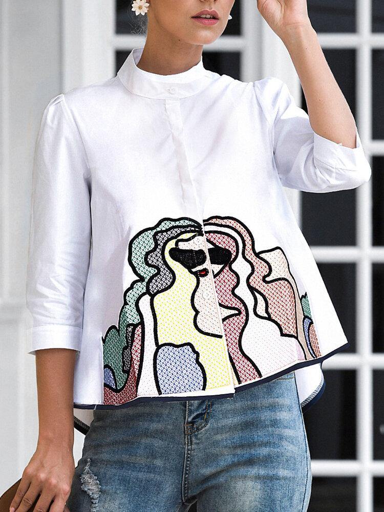 deanwangkt Funny Embroidered Button Stand Collar 3/4 Sleeves Casual Blouse For Women - Deanwangkt