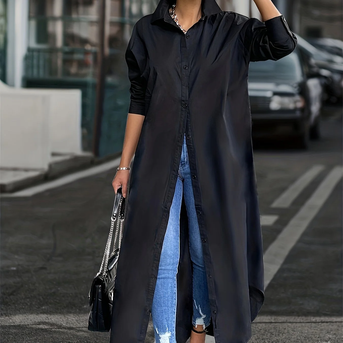 Button Front Long Length Shirt, Casual Long Sleeve Solid Shirt, Women's Clothing - Deanwangkt