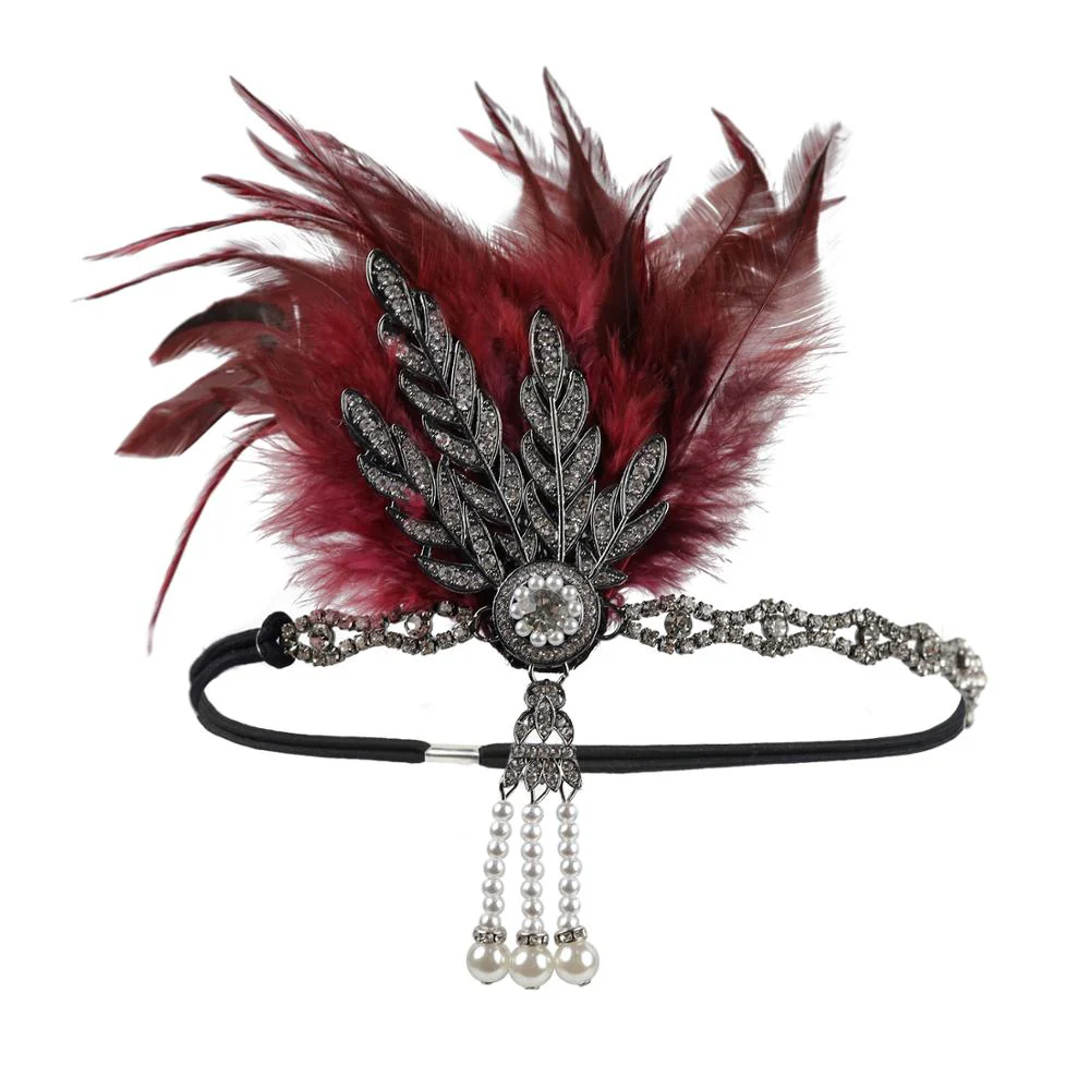 deanwangkt 1920S Flapper Headband Feather Headpiece Roaring 20S Great Gatsby Inspired Leaf Medallion Pearl Headband Women Hair Accessories - Deanwangkt