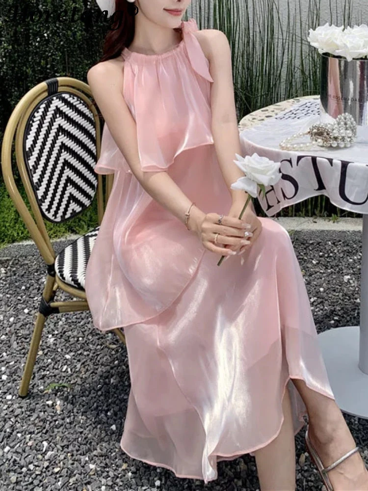 deanwangkt Elegant Sweet Sleeveless Dress Women Layered Ruffles High Waist Beach Holiday Dresses Casual Fashion Princess Sundress - Deanwangkt