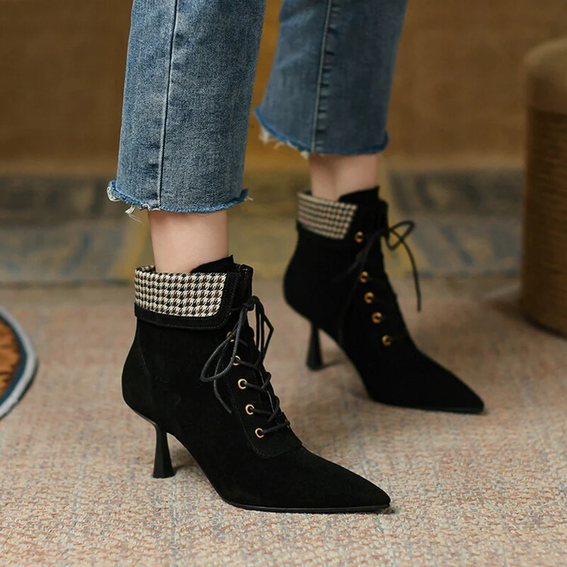 deanwangkt Autumn Boots   NEW Fall Shoes Women Pointed Toe High Heel Shoes Sheep Suede Thin Heel Shoes Plaid Ankle Boots Women Mature Lace-up Modern Boots - Deanwangkt
