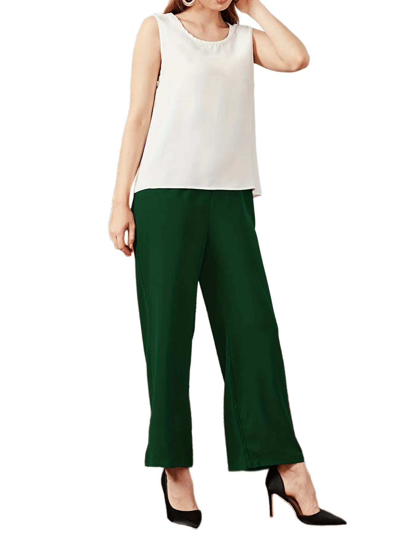 deanwangkt-1  Solid Casual Three-piece Set, Long Sleeve Open Front Cardigan & Crew Neck Tank Top & Wide Leg Pants Outfits, Women's Clothing - Deanwangkt