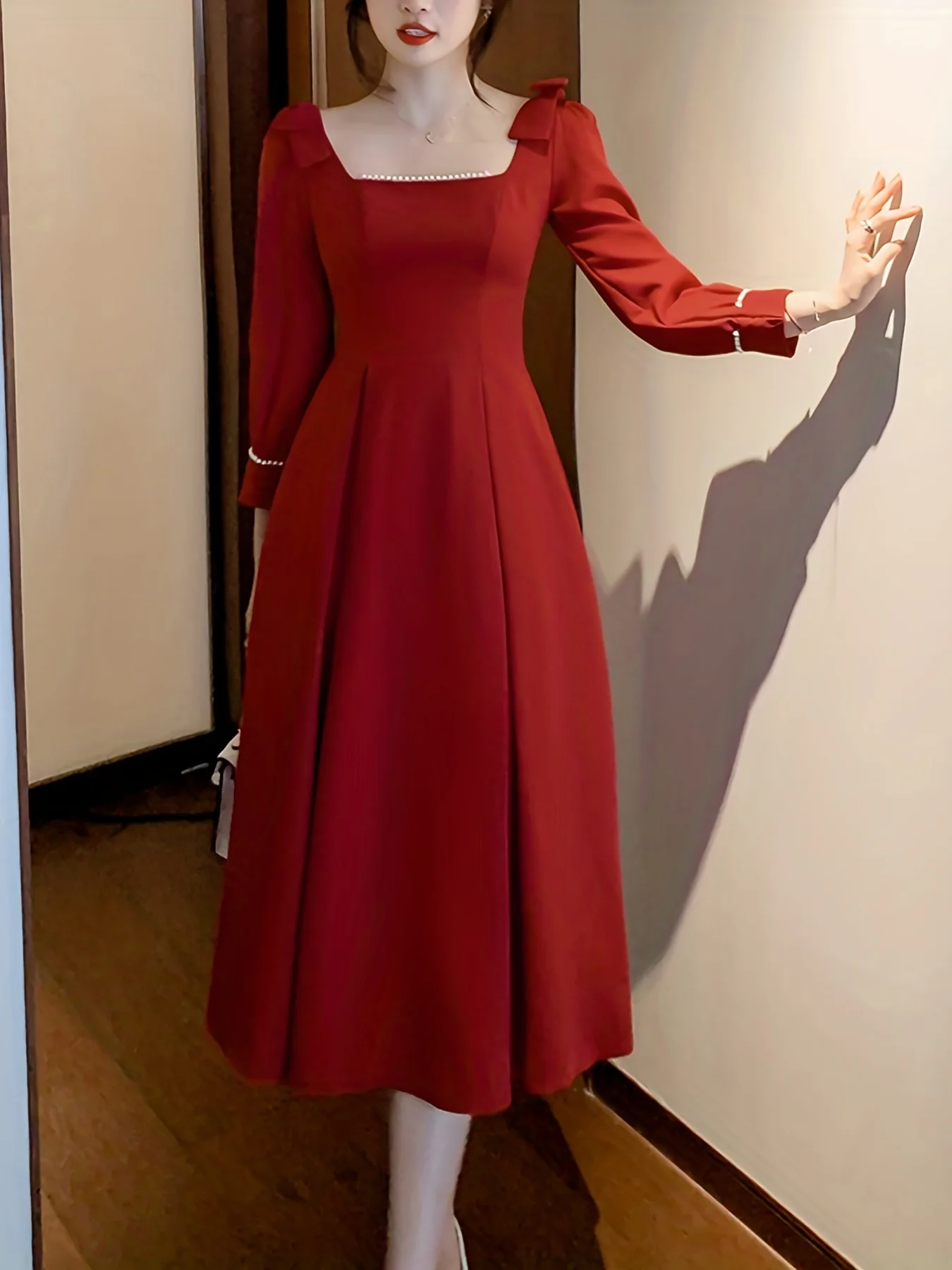 deanwangkt-1  Beaded Square Neck Dress, Elegant Bow Decor Aline Dress For Wedding Party, Women's Clothing - Deanwangkt